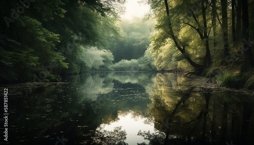 Tranquil reflection of tree on calm pond generated by AI