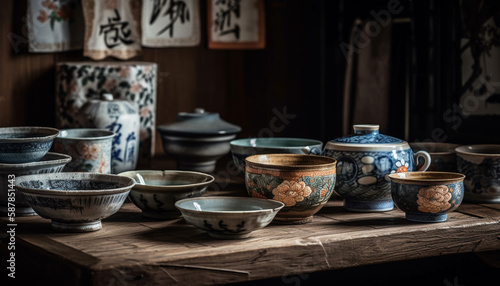 Earthenware bowl, ornate pattern, rustic terracotta material generated by AI