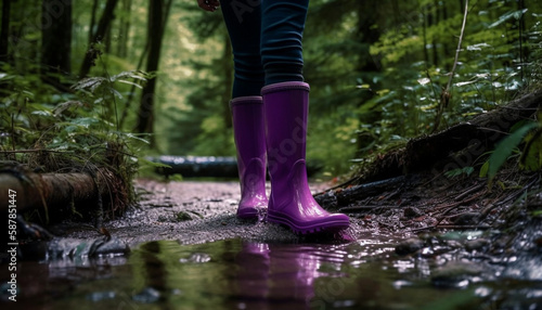 Rubber boots splashing through Autumn wet forest generated by AI