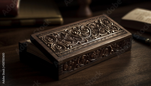 Antique Bible on rustic wood table, close up generated by AI © Jeronimo Ramos