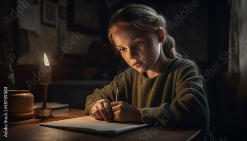 Serious young girl studying literature in solitude generated by AI
