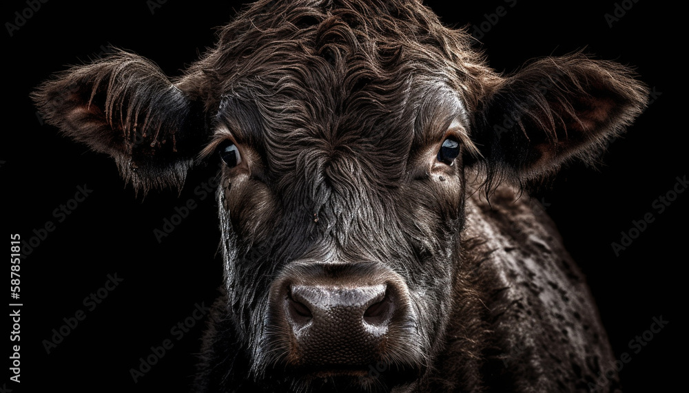 Naklejka premium Close up portrait of cute cow grazing outdoors generated by AI