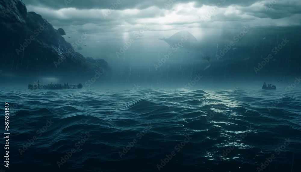 Fototapeta premium Majestic cliff looms over mysterious underwater world generated by AI