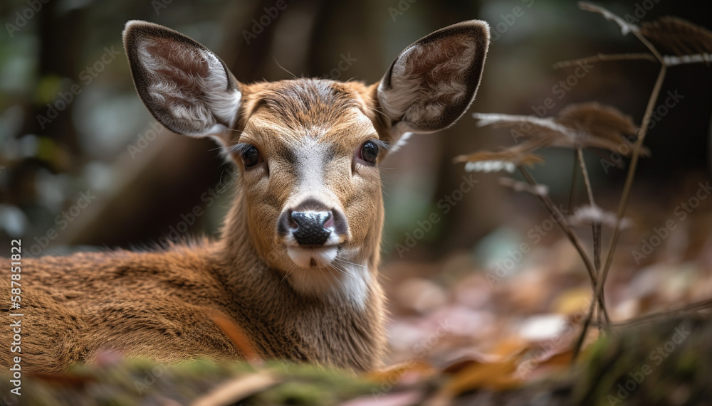 Fototapeta premium Cute deer in forest, looking at camera generated by AI