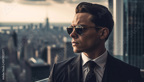A young businessman in a cityscape portrait generated by AI