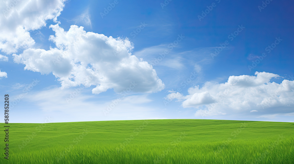 Green meadow with blue sky and clouds beautiful natural landscape background