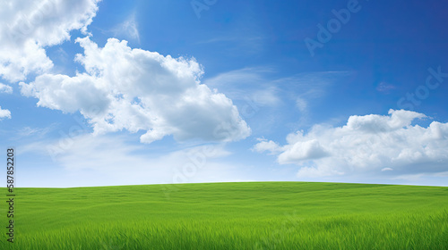 Green meadow with blue sky and clouds beautiful natural landscape background