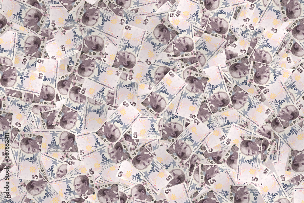Background image of many banknotes in denominations of 5 Turkish liras Background image of many banknotes in denominations of 5 Turkish liras
