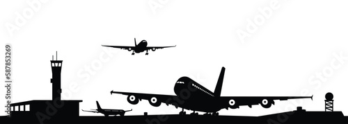 Airport with plane and facilities silhouette vector, transportation concept illustration for background.