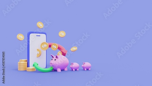 3d rendering piggy bank and digital investment finance concept illustration with blue background