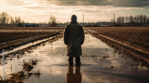 Farmer looking out over flooded field, stress and poor mental health caused by tough environmental conditions.