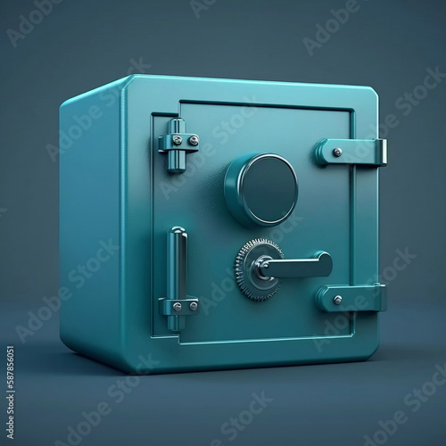 3d render, closed metallic safe box isolated on blue background. Banking safety clip art.