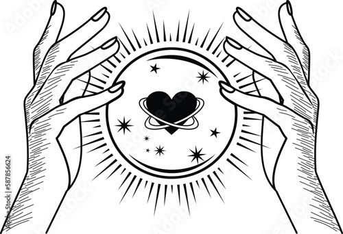 The fortune-teller's hand is predicting love with mystical crystal ball  in line art magic