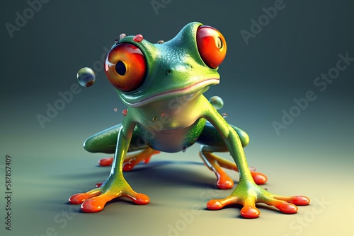 green frog blowing a bubble with red eyes. Generative AI photo