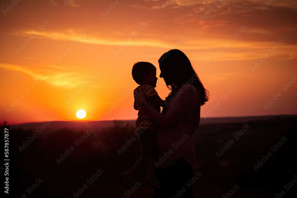 silhouette of a mother holding a baby. AI generative image.