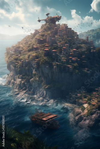  fantasy city flying over the ocean