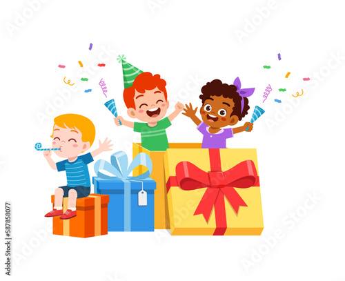 little kid celebrate birthday and playing inside big gift box