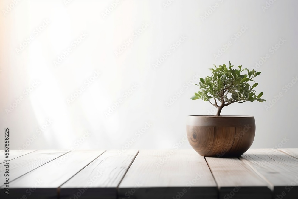 Home Decor. Small Tree Pot on Table with Plant and Copy Space Background