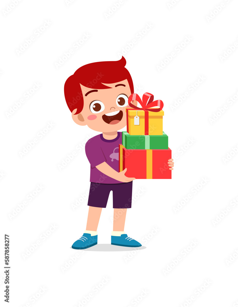 little kid holding stack of present box and walking little kid holding stack of present box and walking
