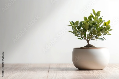 Home Decor. Small Tree Pot on Table with Plant and Copy Space Background