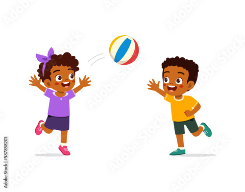 little kid playing volley ball with friend and feel happy