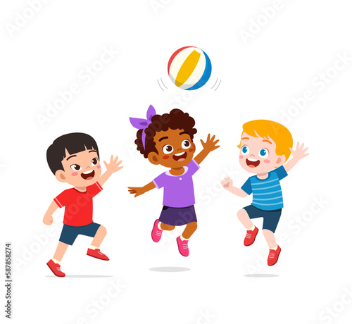 little kid playing volley ball with friend and feel happy