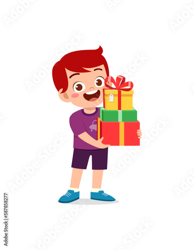 little kid holding stack of present box and walking