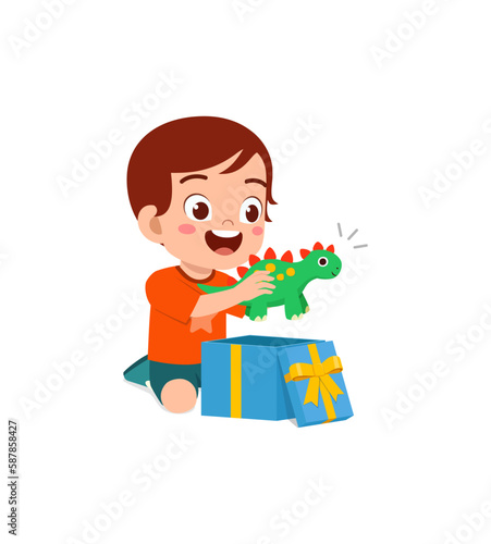 little kid opening gift box and feel happy