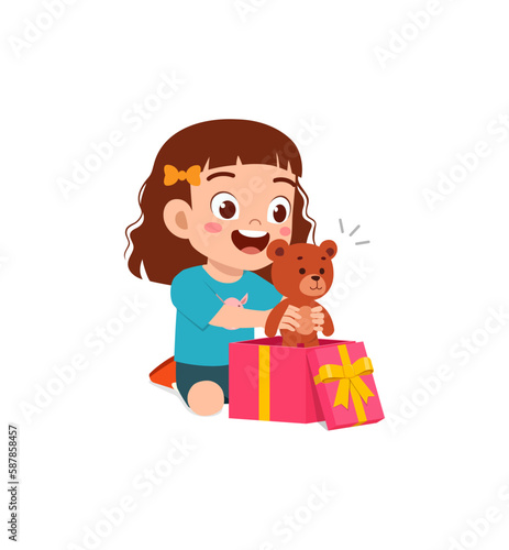 little kid opening gift box and feel happy