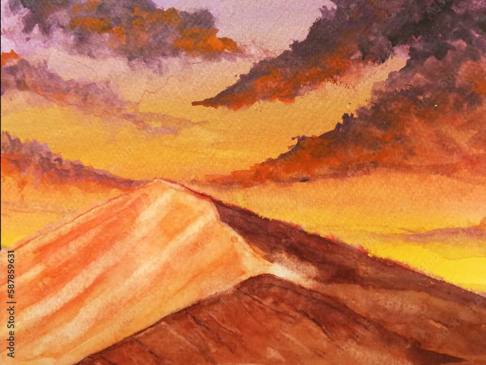 watercolor painting landscape sunset desert.