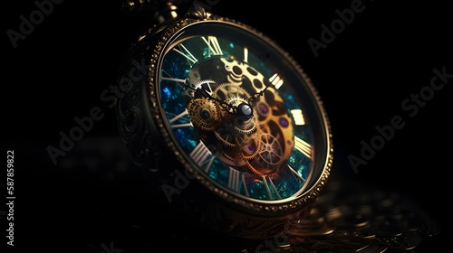 Timeless Elegance: A Detailed Close-Up View of an Analogue Pocket Watch. Analogue watch created with Generative AI Technology.