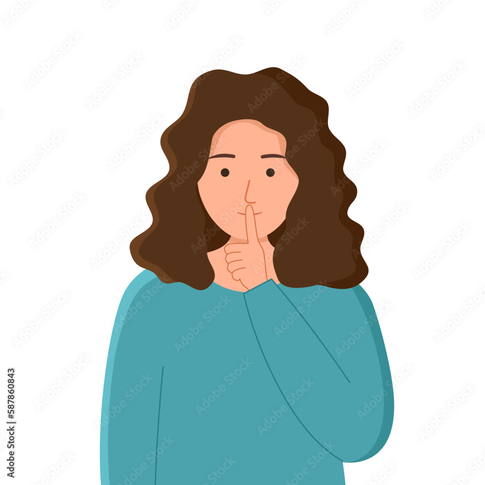 Woman asking silent please. Be quiet. Female mouth shut in flat design on white background. Woman asking silent please. Be quiet. Female mouth shut in flat design on white background.