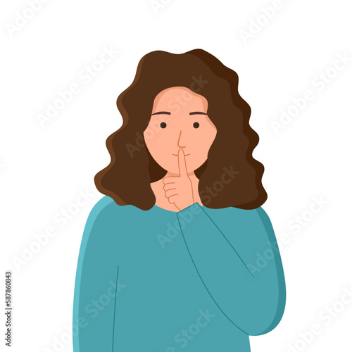 Woman asking silent please. Be quiet. Female mouth shut in flat design on white background.