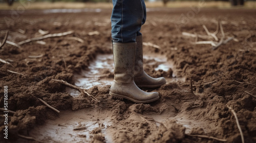Close up of rubber boots in muddy field. Farmer inspects property after heavy rain and flooding. photo