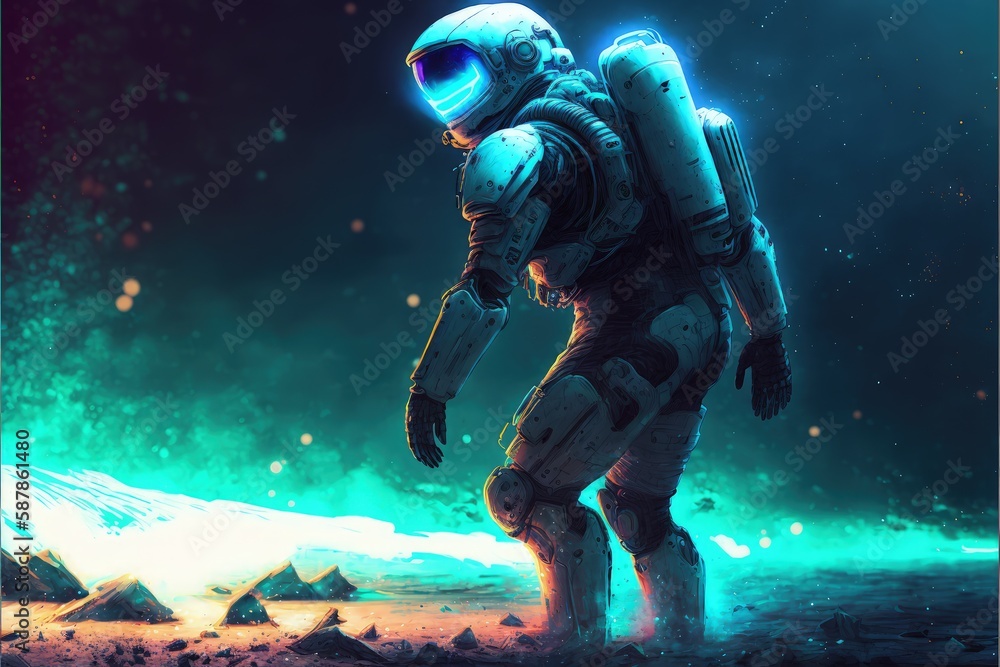 An astronaut walks on a luminous terrain covered in debris on an extraterrestrial planet. Fantasy concept , Illustration painting. Generative AI An astronaut walks on a luminous terrain covered in debris on an extraterrestrial planet. Fantasy concept , Illustration painting. Generative AI