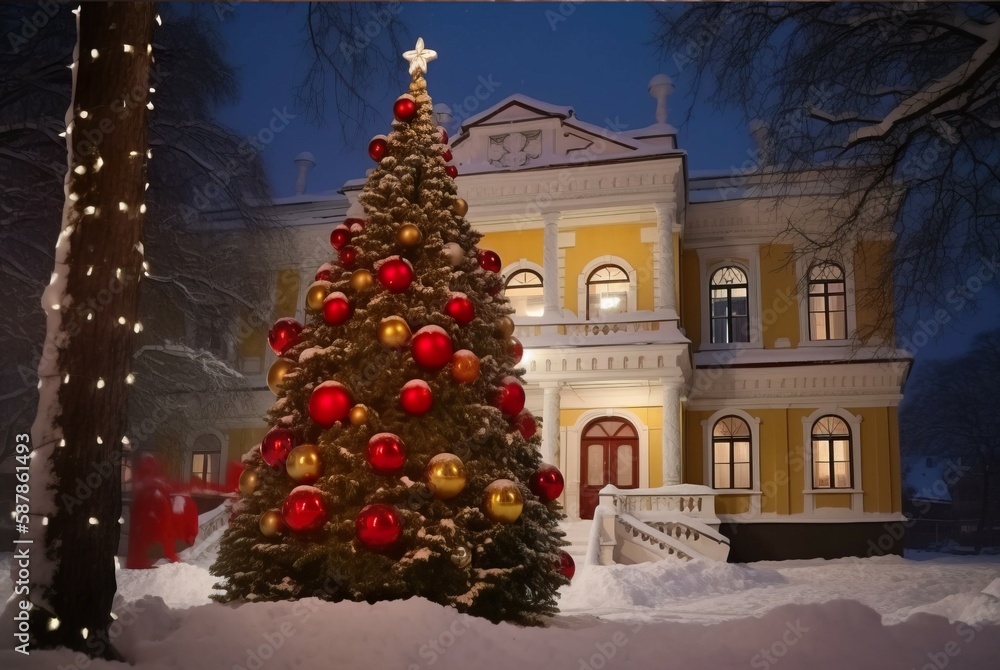 The front of one of the houses on Christmas is decorated with colorful Christmas trees. AI-generated images