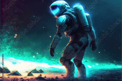 An astronaut walks on a luminous terrain covered in debris on an extraterrestrial planet. Fantasy concept , Illustration painting. Generative AI
