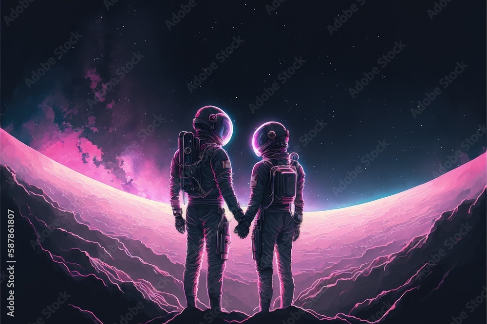 Naklejka premium Two space explorers clasping hands with the Milky Way as their backdrop. Fantasy concept , Illustration painting. Generative AI