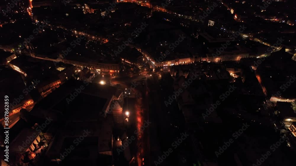 Night Aerial City Lights Krakow Centre Zoom Out Dronie Mist Fog Europe Poland Night Aerial City Lights Krakow Centre Zoom Out Dronie Mist Fog Europe Poland