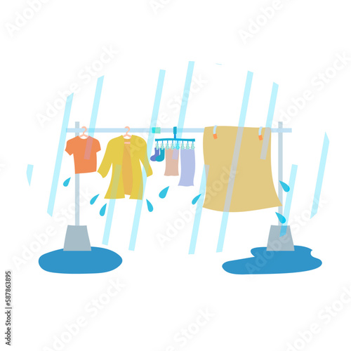 雨に濡れる洗濯物。フラットなベクターイラスト。
Laundry getting wet in the rain. Flat designed vector illustration.