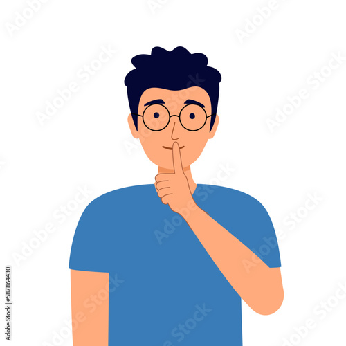 Man asking silent please. Be quiet. Guy mouth shut in flat design on white background. photo