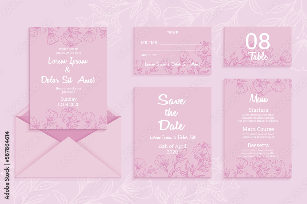 set of wedding template invitation with vintage floral or flower