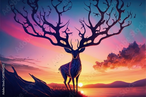 A deer perched on a massive branch resembling an animal's antlers against the backdrop of a sunset sky. Fantasy concept , Illustration painting. Generative AI © X-Poser
