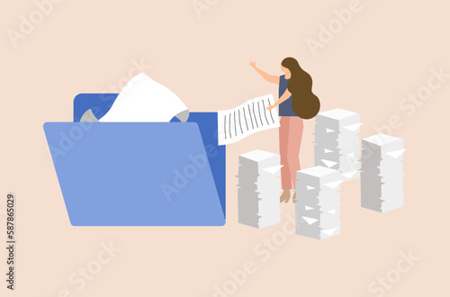 Business people searching files in folder with overwhelm work, busy office worker, businesswoman with overwhelmed work, flat design of work life not balance vector, overwhelming business tasks vector.