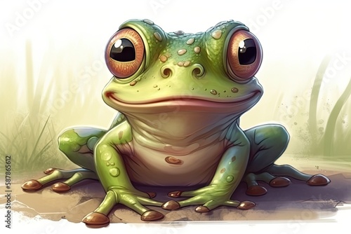 cute green frog with big expressive eyes sitting on the grass. Generative AI