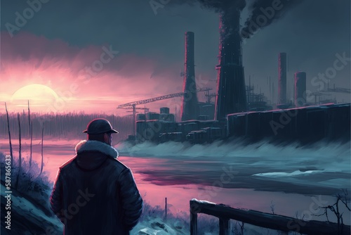 A man gazing at a deserted factory on a chilly winter morning. Fantasy concept , Illustration painting. Generative AI