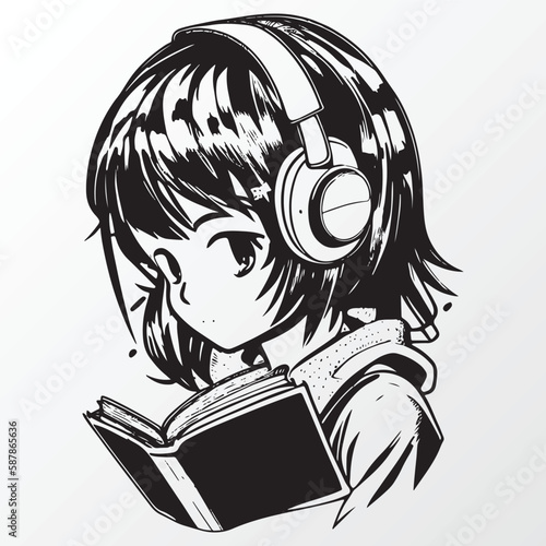 Cartoon young girl character sketch in anime style 