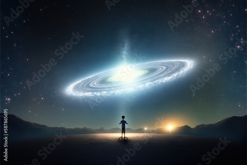 A breathtaking sight of a young child encircled by shimmering heavenly bodies, grasping a radiant star in the nighttime firmament. Fantasy concept , Illustration painting. Generative AI