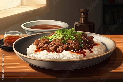 delicious plate of rice with savory sauce. Generative AI