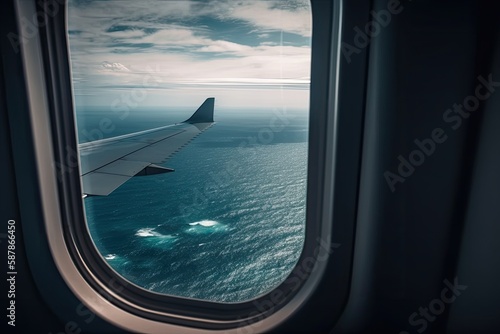 Illustration of aerial view of the ocean through an airplane window. Generative AI
